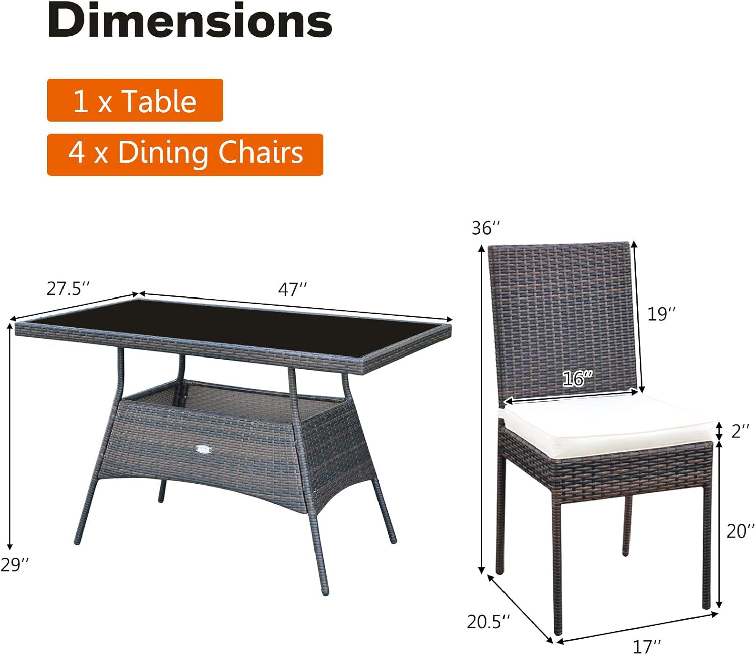 5 Piece Patio Wicker Dining Set, Outdoor Rattan Table and Chairs with W/Tempered Glass Table Top & Padded Cushions, Wicker Patio Conversation Furniture Set for Balcony Patio Garden Poolside-4