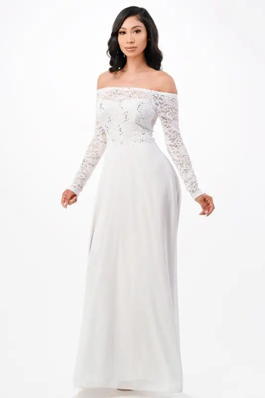 White lace and chiffon maxi dress from La Scala Elegant Long-Sleeve Chiffon Maxi collection