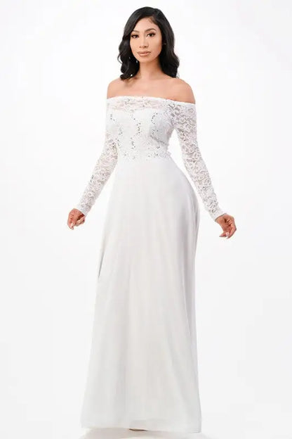 White lace and chiffon maxi dress from La Scala Elegant Long-Sleeve Chiffon Maxi collection