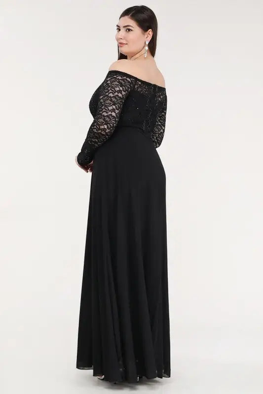 Plus-size black chiffon maxi gown with off-the-shoulder neckline and lace sleeves