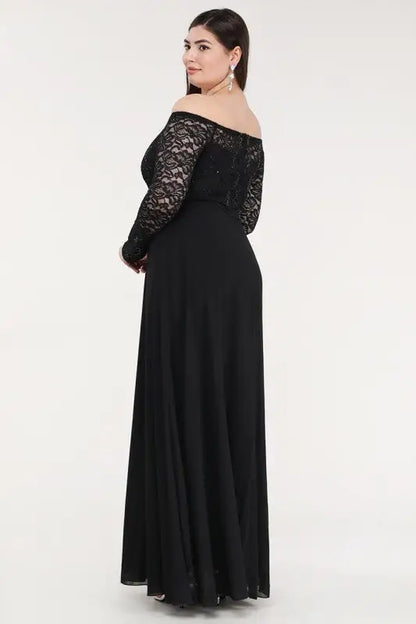 Plus-size black chiffon maxi gown with off-the-shoulder neckline and lace sleeves