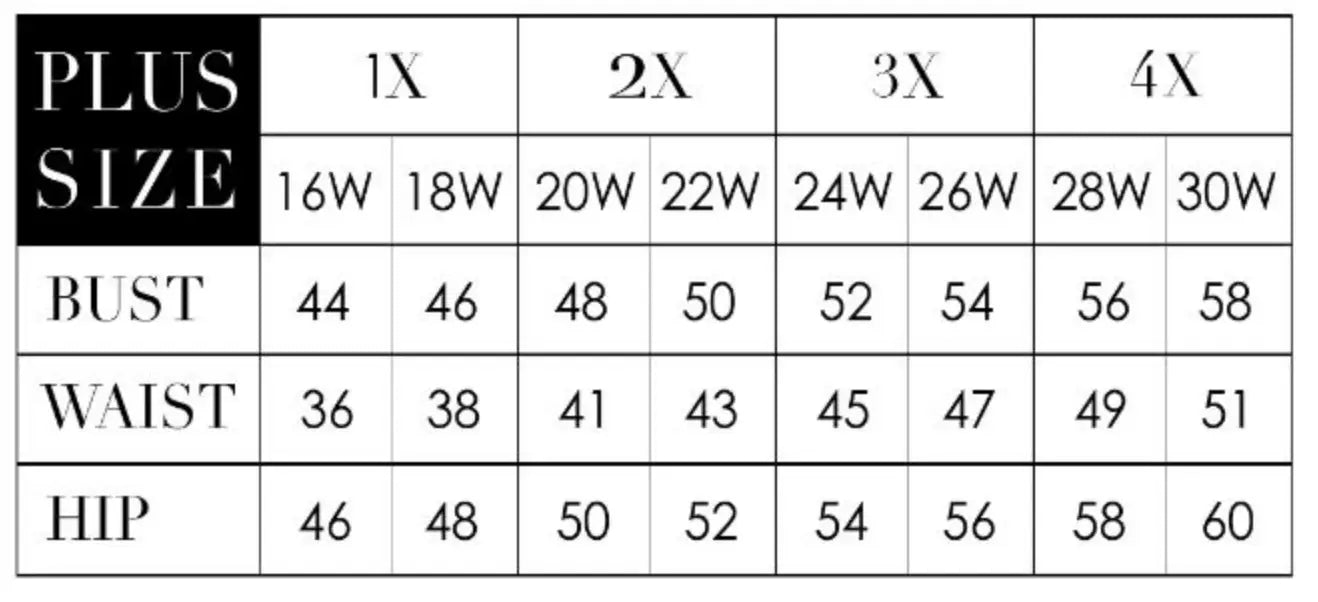 Size chart for plus-size chiffon maxi dress in 1X 2X 3X options