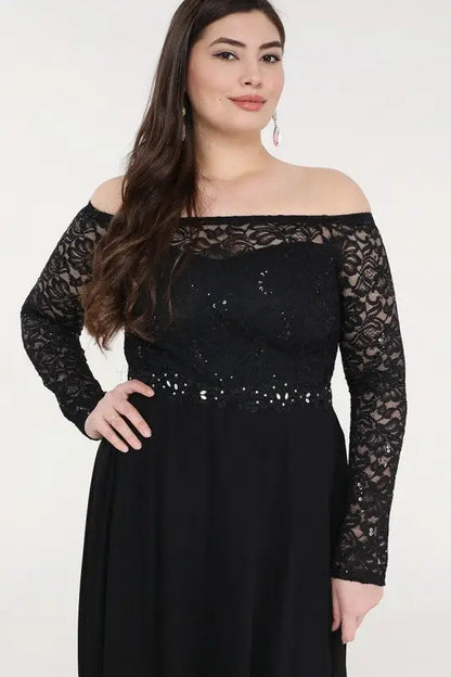 Black off-the-shoulder lace and sequin chiffon maxi dress from La Scala collection