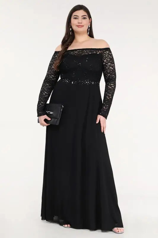 Black chiffon maxi dress with lace sleeves and sequin details from La Scala collection