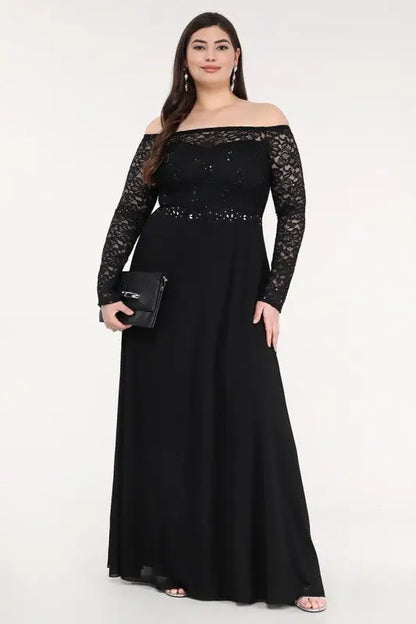 Black chiffon maxi dress with lace sleeves and sequin details from La Scala collection