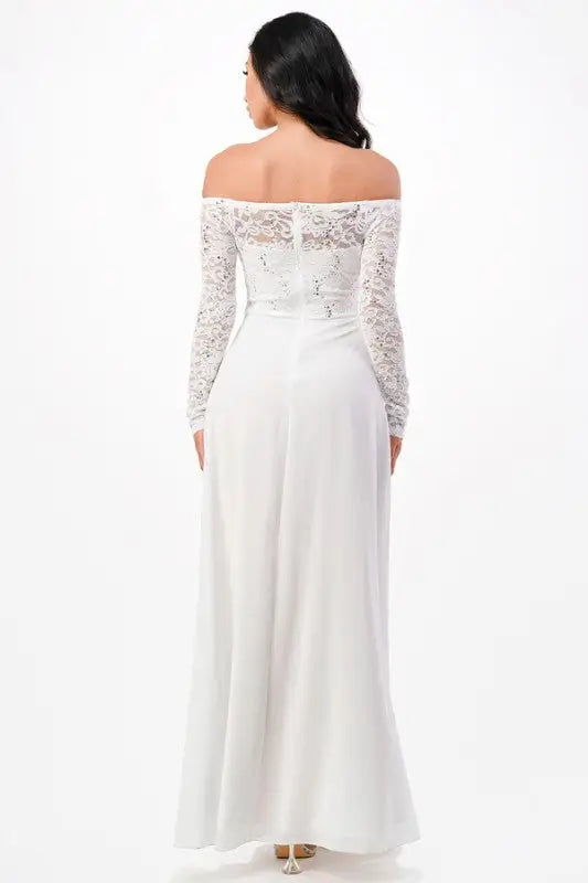 White off-the-shoulder lace chiffon maxi dress from La Scala Elegant Long-Sleeve Collection