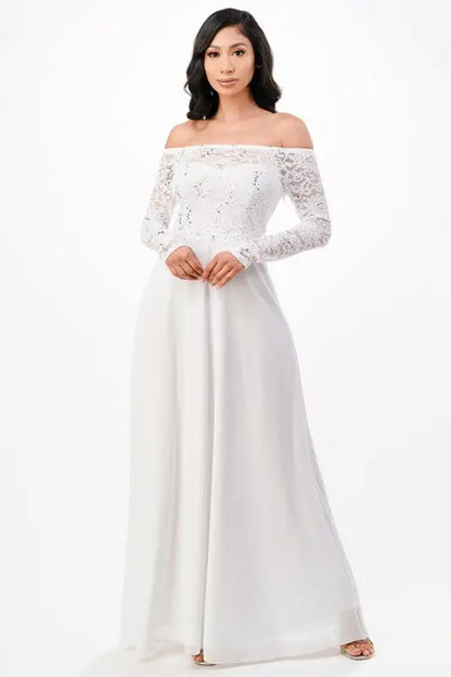 Women’s off-the-shoulder long-sleeve lace top with flowing chiffon maxi skirt