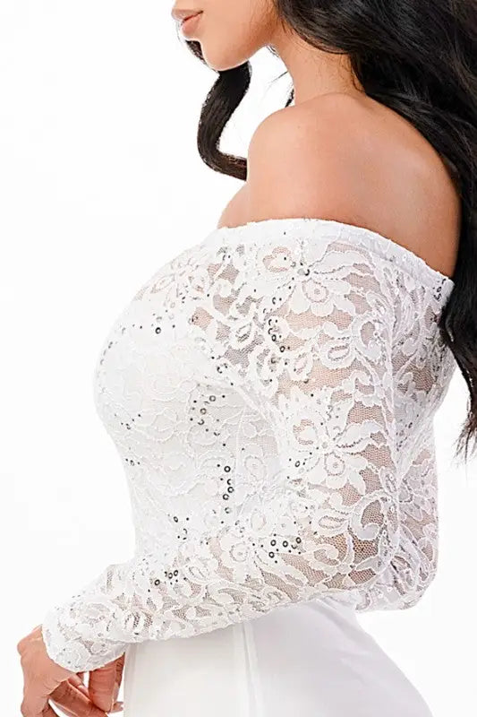 White off-the-shoulder long-sleeve lace chiffon maxi dress with sequins for elegant occasions