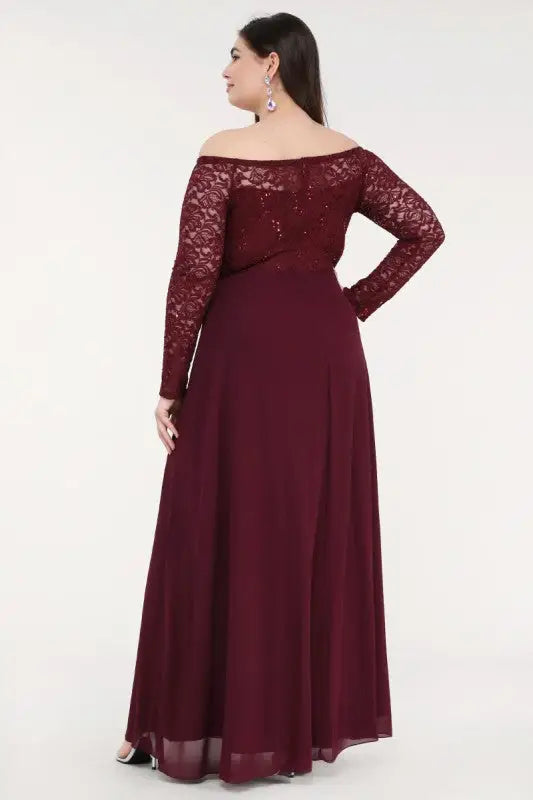 Plus-size off-the-shoulder long-sleeve lace chiffon maxi gown in maroon for elegant occasions