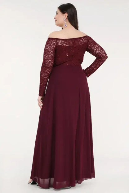 Plus-size off-the-shoulder long-sleeve lace chiffon maxi gown in maroon for elegant occasions