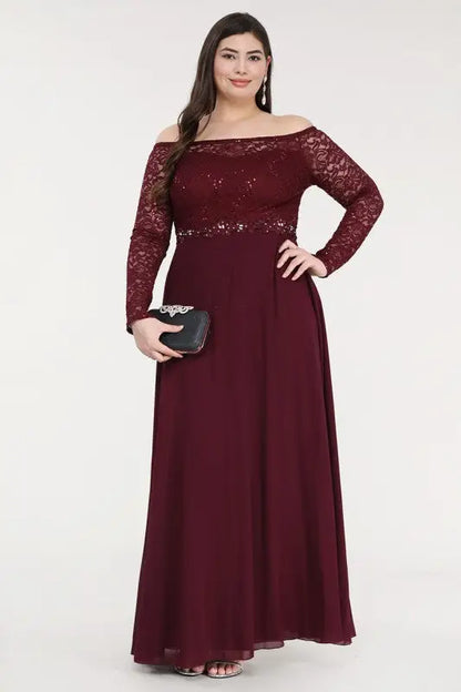 Plus-size burgundy chiffon maxi dress with sparkly lace bodice and flowing skirt