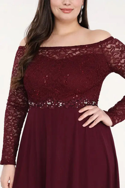 Plus-size off-the-shoulder burgundy lace chiffon maxi dress with sequin details