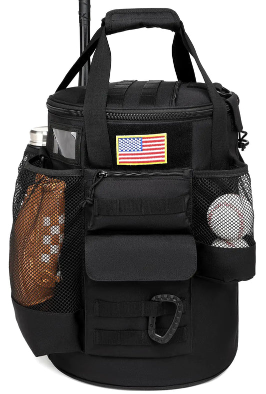 XINTREY Baseball Bucket Bag 6 Gallon Tactical Baseball Coaches Bag Softball Bucket Cover Organizer with Padded Seat for Balls Bat Gloves Scoreboards (Black)