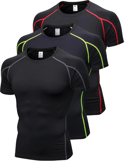 Three black short sleeve compression shirts with colorful seams for running tops and cool dry workout wear