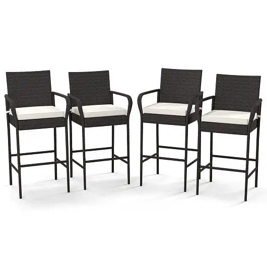 2/4 Pieces Outdoor PE Rattan Cushioned Barstool Set with Armrests-Set of 4 - Color:Off White - Patio Bar Furniture