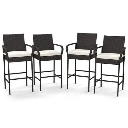 2/4 Pieces Outdoor PE Rattan Cushioned Barstool Set with Armrests-Set of 4 - Color:Off White - Patio Bar Furniture