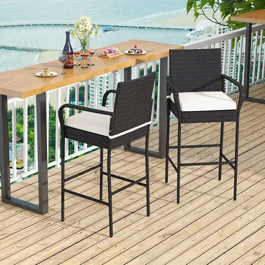 2/4 Pieces Outdoor PE Rattan Cushioned Barstool Set with Armrests-Set of 4 - Color:Off White - Patio Bar Furniture