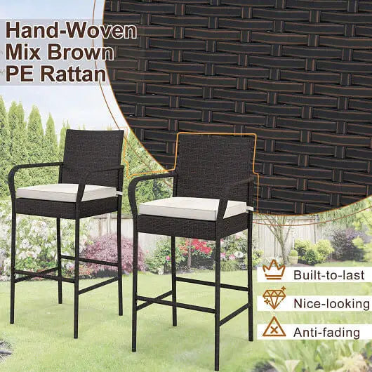 2/4 Pieces Outdoor PE Rattan Cushioned Barstool Set with Armrests-Set of 4 - Color:Off White - Patio Bar Furniture