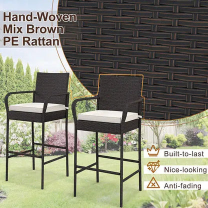 2/4 Pieces Outdoor PE Rattan Cushioned Barstool Set with Armrests-Set of 4 - Color:Off White - Patio Bar Furniture