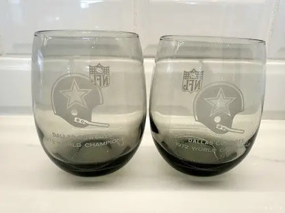 Two smoke gray Dallas Cowboys glasses celebrating 1972 NFL world champions