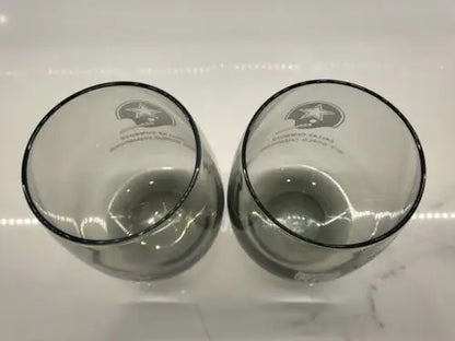 Two smoke gray stemless wine glasses featuring Dallas Cowboys 1972 WORLD CHAMPIONS design