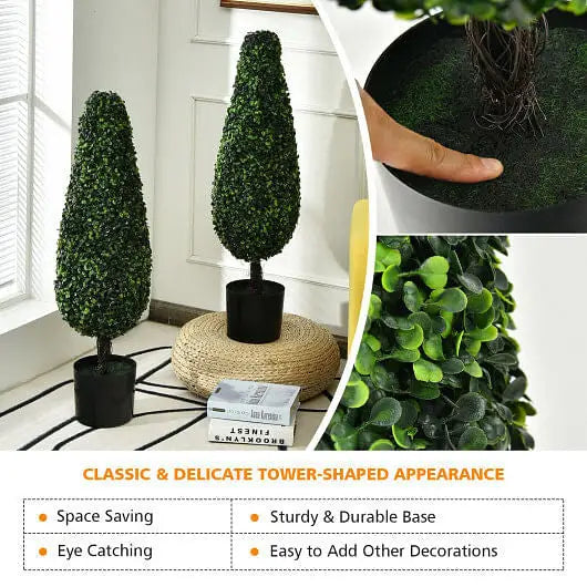 2 Pack 3 Feet Artificial Tower UV Resistant Indoor Outdoor Topiary Tree - Color:Green - Faux Plants