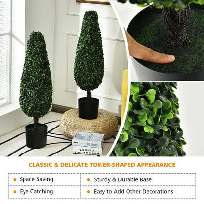 2 Pack 3 Feet Artificial Tower UV Resistant Indoor Outdoor Topiary Tree - Color:Green - Faux Plants