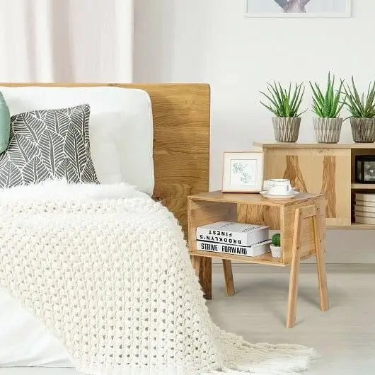 2 Pieces Bamboo Nightstand Sofa Table with Storage Shelf - Color:Natural - Nightstand