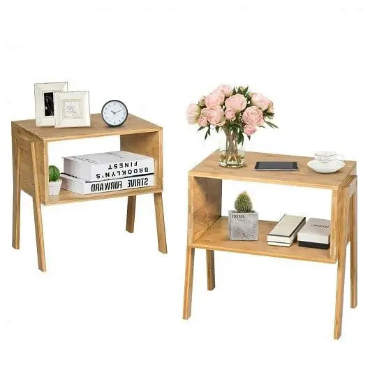 2 Pieces Bamboo Nightstand Sofa Table with Storage Shelf - Color:Natural - Nightstand