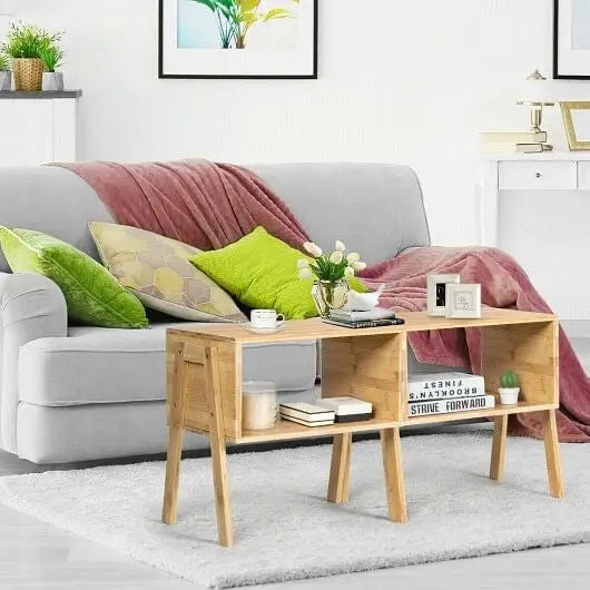 2 Pieces Bamboo Nightstand Sofa Table with Storage Shelf - Color:Natural - Nightstand