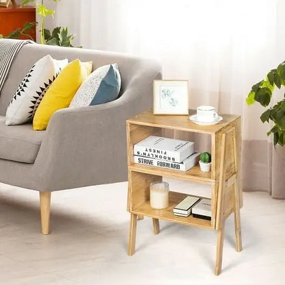 2 Pieces Bamboo Nightstand Sofa Table with Storage Shelf - Color:Natural - Nightstand