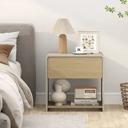 2-Tier Modern Style Nightstand with Drawer and Open Shelf-Oak - Color:Oak - Nightstands