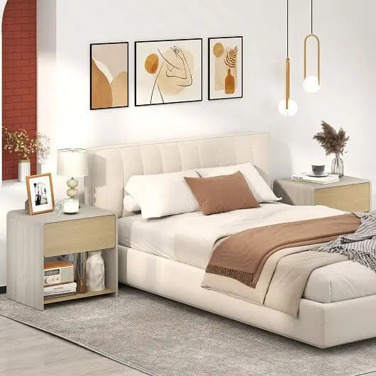 2-Tier Modern Style Nightstand with Drawer and Open Shelf-Oak - Color:Oak - Nightstands