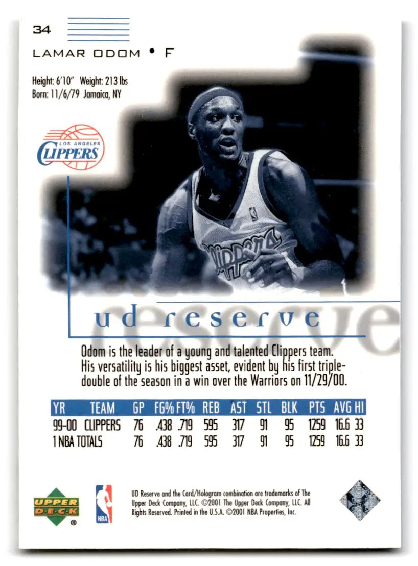 2000-01 UD Reserve #34 Lamar Odom - Trading Card