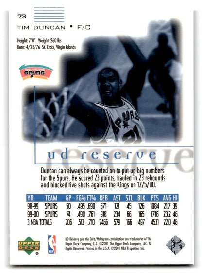 2000-01 UD Reserve #73 Tim Duncan - Trading Cards