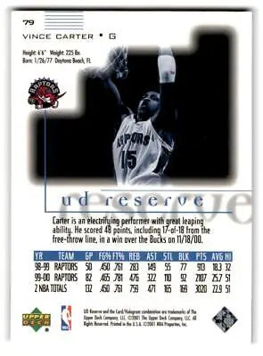 Vince Carter basketball card from 2000-01 UD Reserve trading cards collection