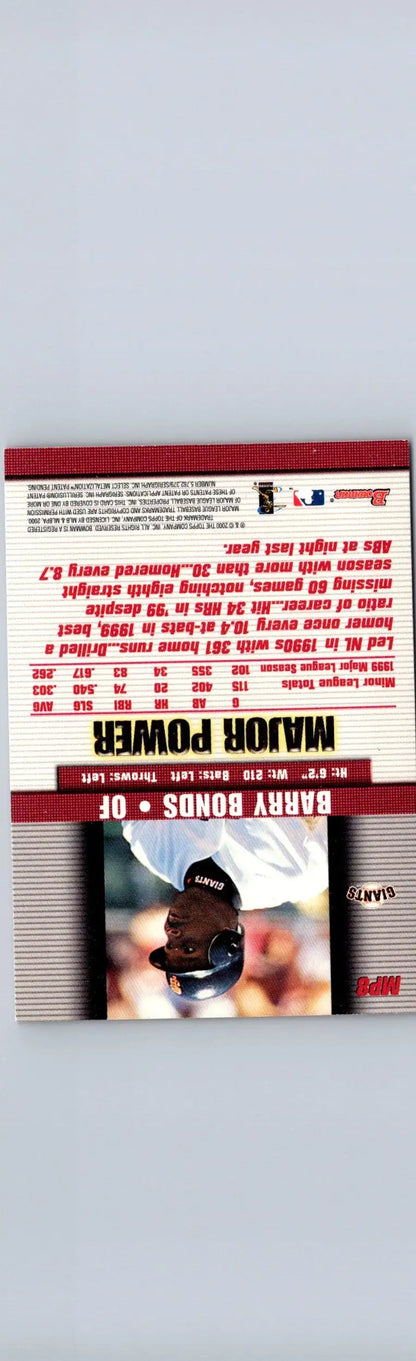 Baseball trading card featuring Barry Bonds with stats and photo from 2000 Bowman MP8 Barry Bonds Major Power