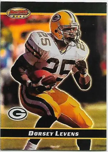 Football trading card of Dorsey Levens in Packers white jersey with original gloss