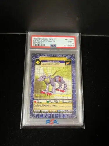 Encased 2000 Digimon Digi-Battle Gold Stamp MetalGarurumon #BO-149 PSA 9 MINT card