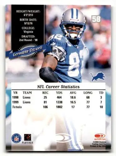 Germane Crowell Detroit Lions football card with original gloss in EX/NM condition