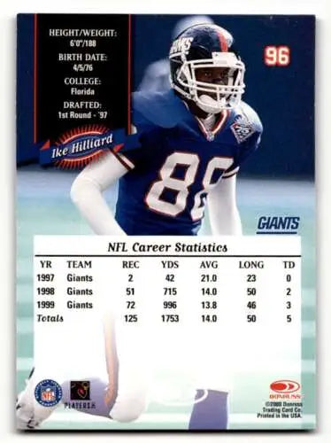 Ike Hilliard New York Giants Football Card with original gloss 2000 Donruss #96