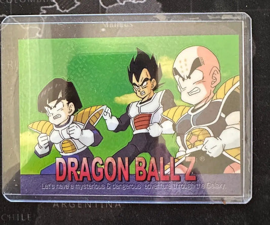 Dragon Ball Z card featuring Gohan, Vegeta, Krillin in Saiyan armor with etched foil design