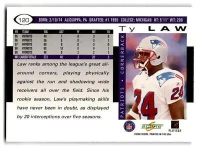 Ty Law football card from 2000 Score #120, a must-have for football cards collectors