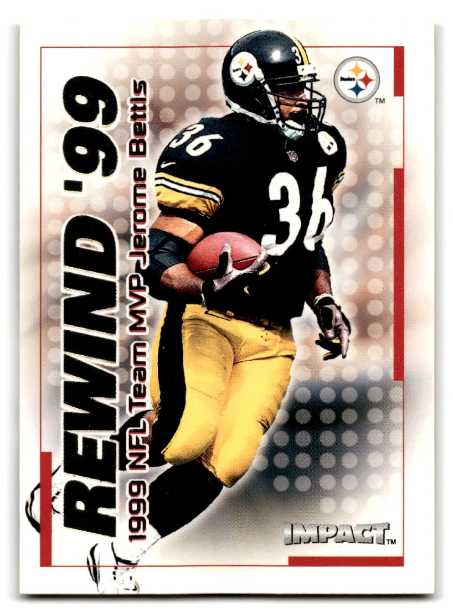 Vintage Skybox Football Impact Jerome Bettis Rewind 99 trading card in Steelers uniform