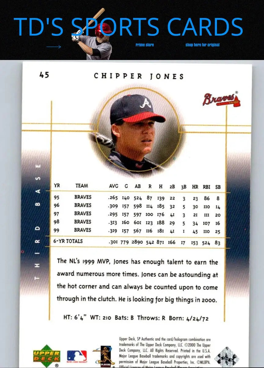 Chipper Jones 2000 SP Authentic #45 baseball card for collectors and trading cards enthusiasts