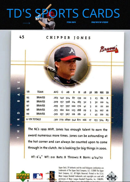 Chipper Jones 2000 SP Authentic #45 baseball card for collectors and trading cards enthusiasts