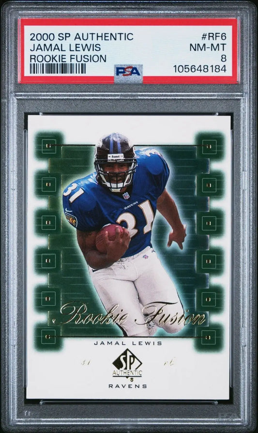 Graded Jamal Lewis rookie fusion Baltimore Ravens football card from 2000 SP Authentic
