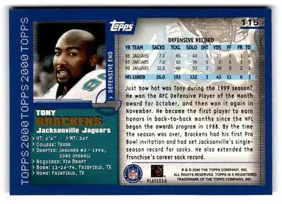 Tony Brackens football card from the 2000 Topps trading cards collection