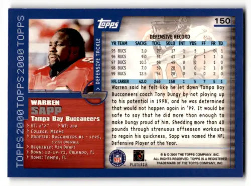 Warren Sapp football card featuring original gloss - 2000 Topps #150 Buccaneers