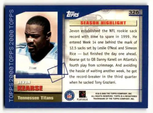 Jevon Kearse Tennessee Titans football card with original gloss, Topps 2000 #179